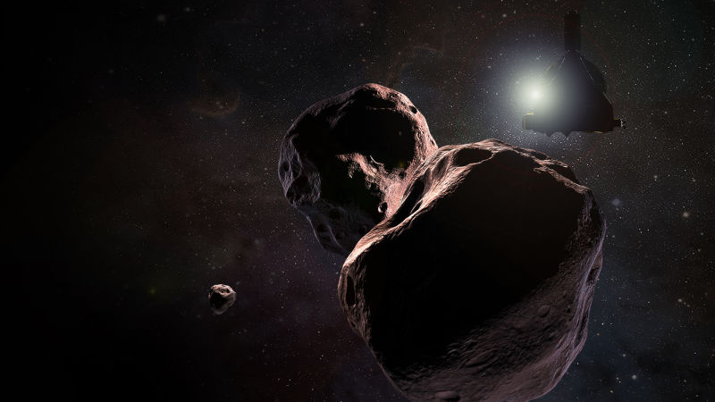 Una representaciĂłn artĂstica de la sonda New Horizons pasando cerca de Ultima Thule.